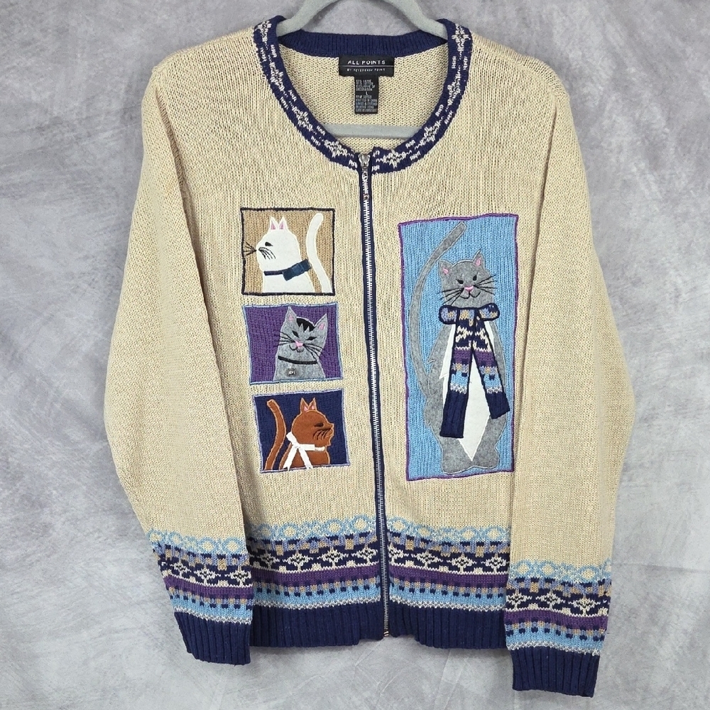 All Points Large Kitty Cat Cardigan Sweater Cream/Navy Felt Applique